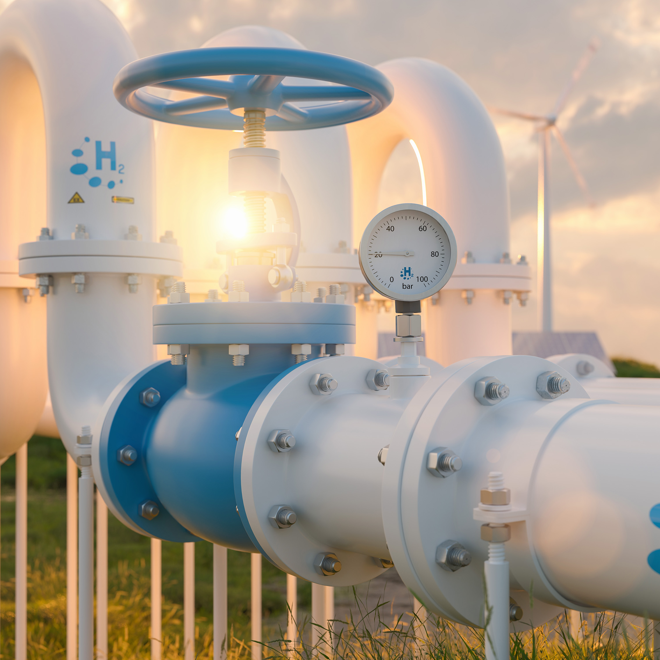 Hydrogen pipeline with manometer and wind turbines power plant